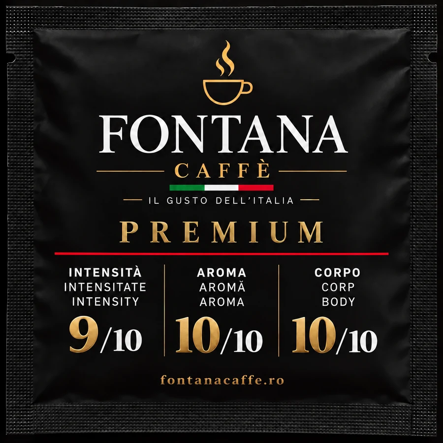 Plic negru Fontana Caffè Premium pentru doză ESE, față, cu intensitate 9/10, aromă 10/10 și corp 10/10