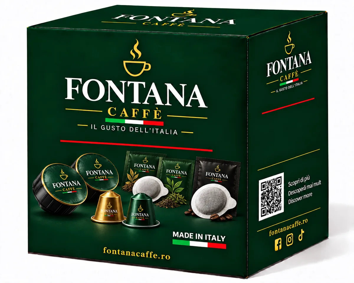 Confezione verde Fontana Caffè con capsule, cialde ESE e chicchi di caffè, con il motto «Il gusto dell’Italia»