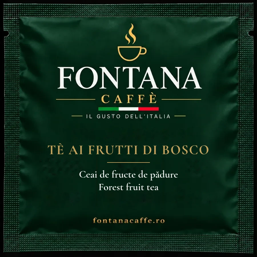 Green Fontana Caffè sachet for a forest fruit tea ESE pod, front, with the name in Italian, Romanian and English