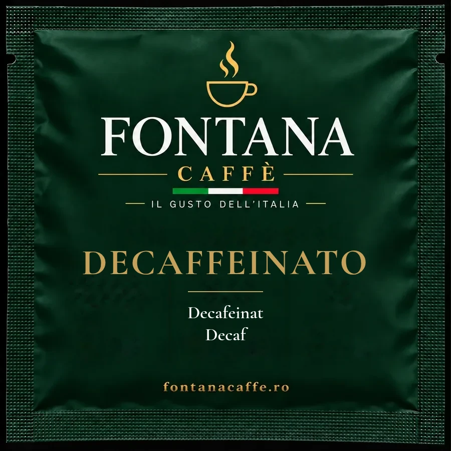 Green Fontana Caffè sachet for a decaf ESE pod, front, with the name in Italian, Romanian and English