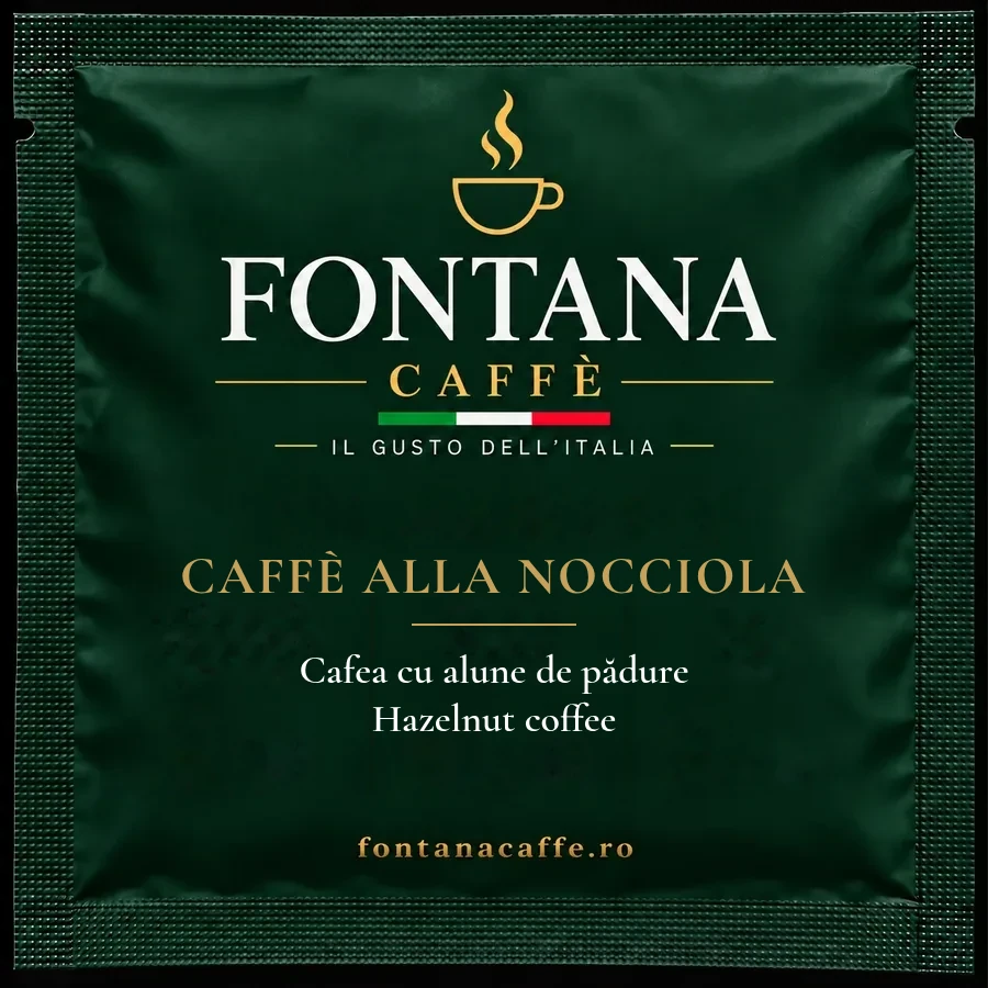 Green Fontana Caffè sachet for a hazelnut coffee ESE pod, front, with the name in Italian, Romanian and English