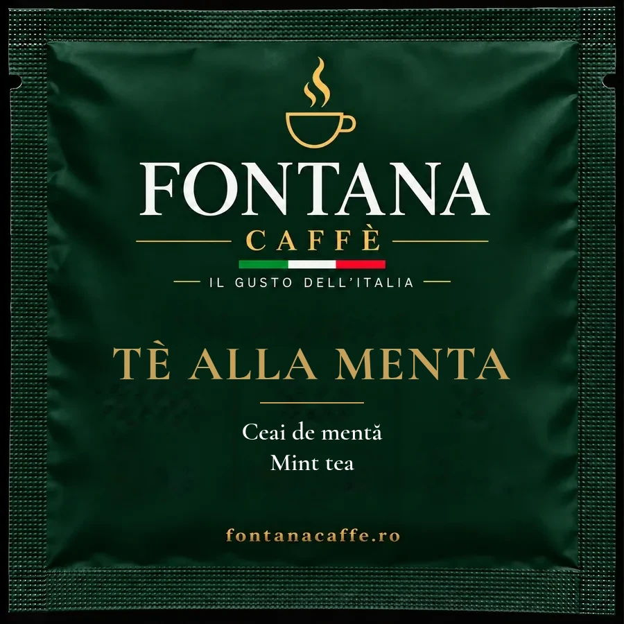 Green Fontana Caffè sachet for a mint tea ESE pod, front, with the name in Italian, Romanian and English