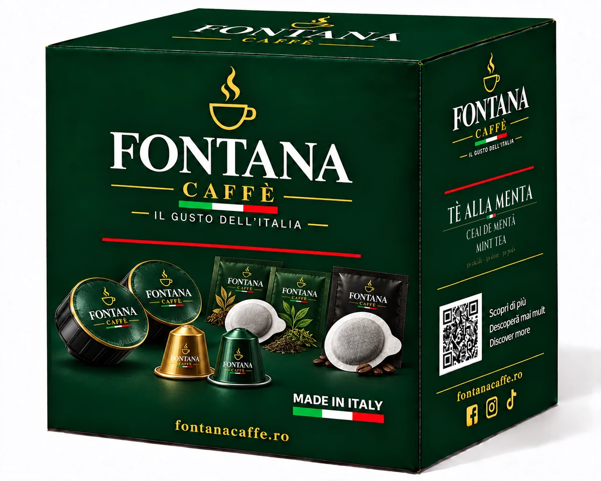 Ambalaj verde Fontana Caffè, cu eticheta „tè alla menta / ceai de mentă / mint tea” pe latura dreaptă (50 de doze)